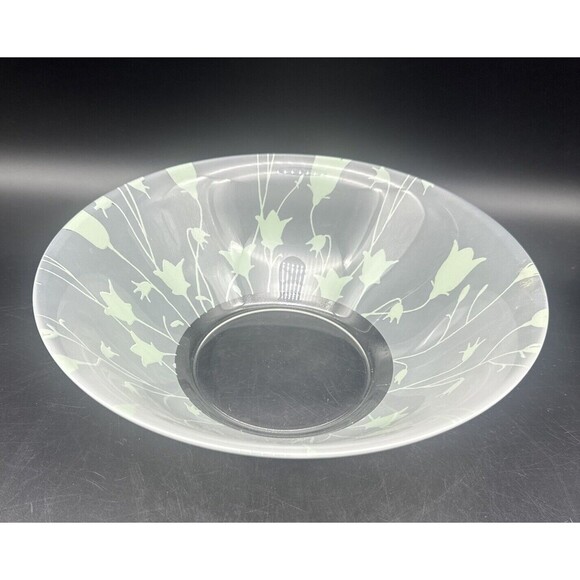 VTG Frosted Glass GREEN Bellflower Serving Bowl Made In France 10.5” - Picture 4 of 6